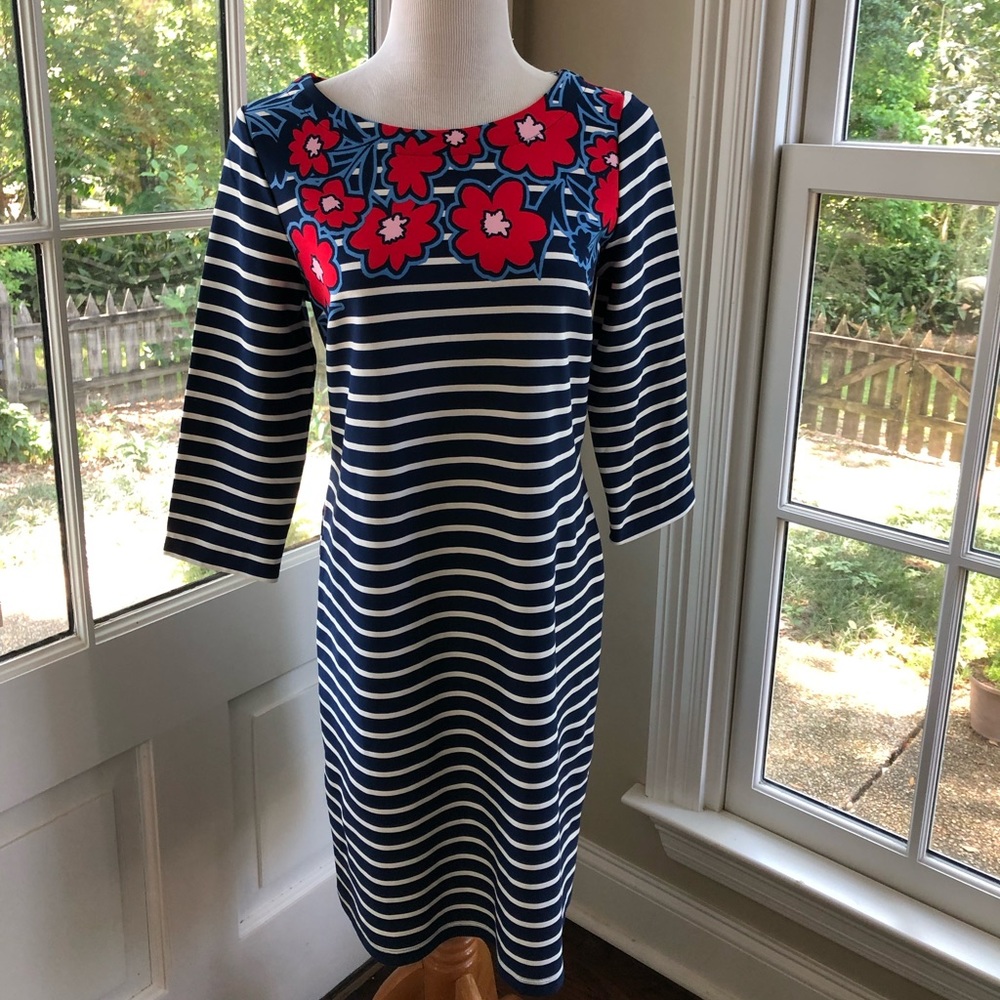 NWT Talbots Petite Navy and White Striped Dress with Red Flowers